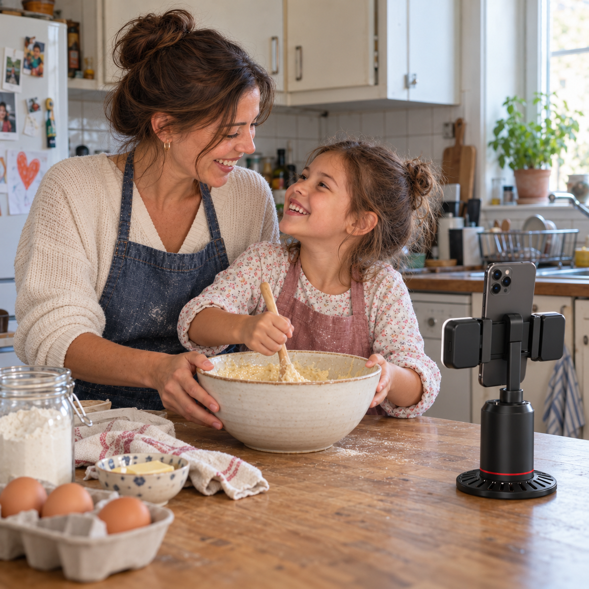 Une maman et sa fille cuisinent ensemble et se filment avec CadrUp