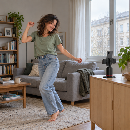 Une femme danse dans son salon, filmée par CadrUp qui la suit