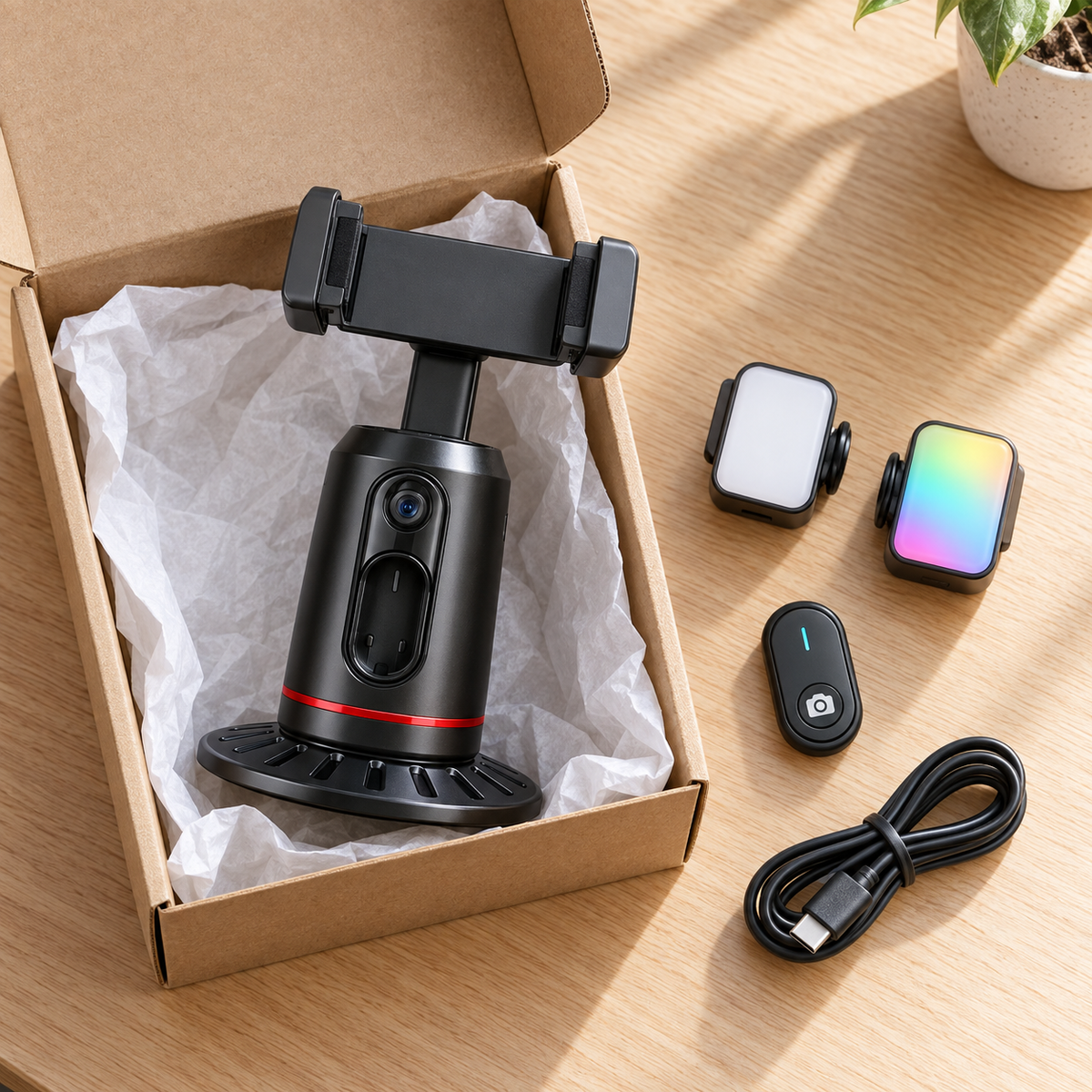 Contenu du colis CadrUp : support, deux LED, télécommande et câble USB-C