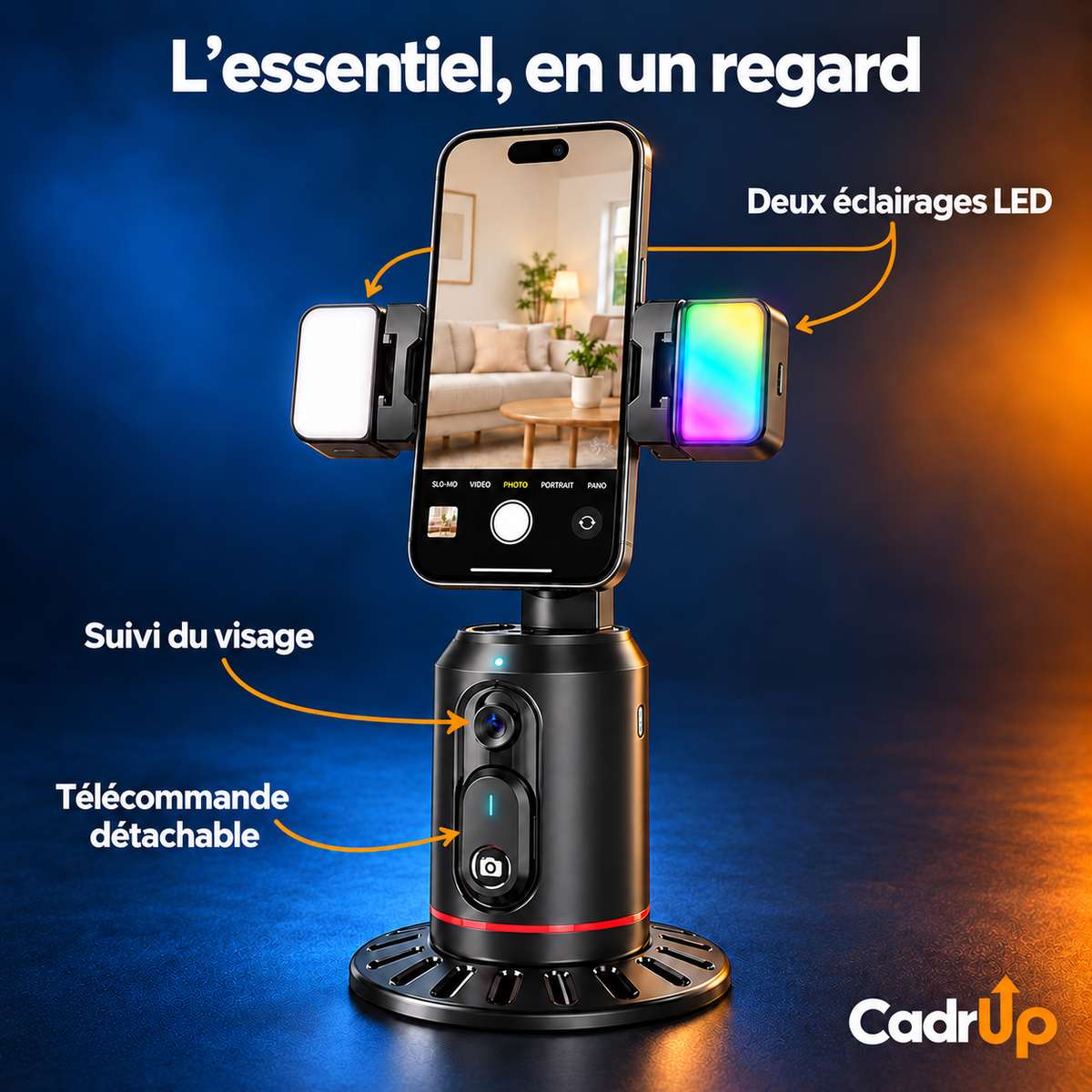 CadrUp en un regard : deux éclairages LED, suivi du visage, télécommande détachable